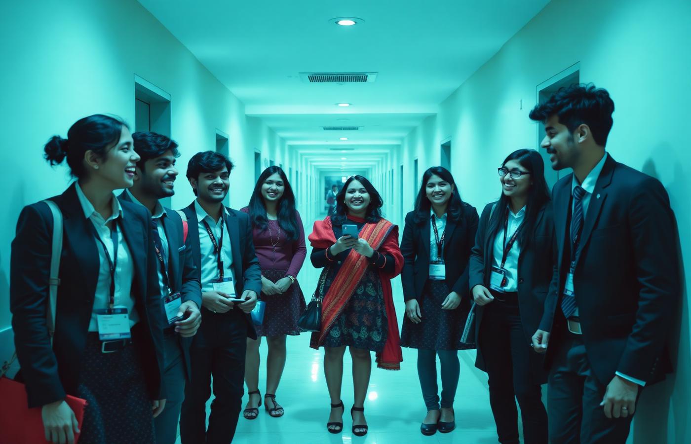 Society members laughing together in a college corridor