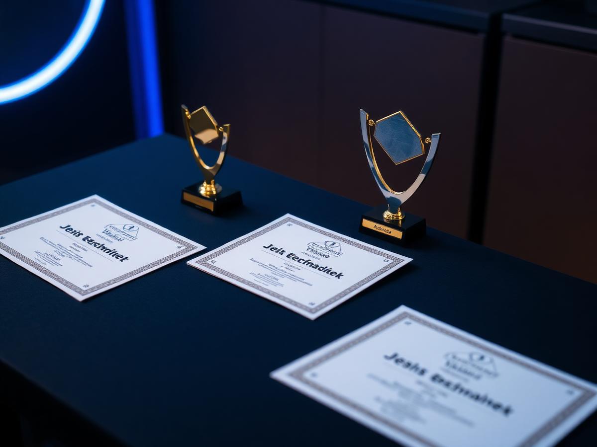 Trophies and certificates arranged on a dark table